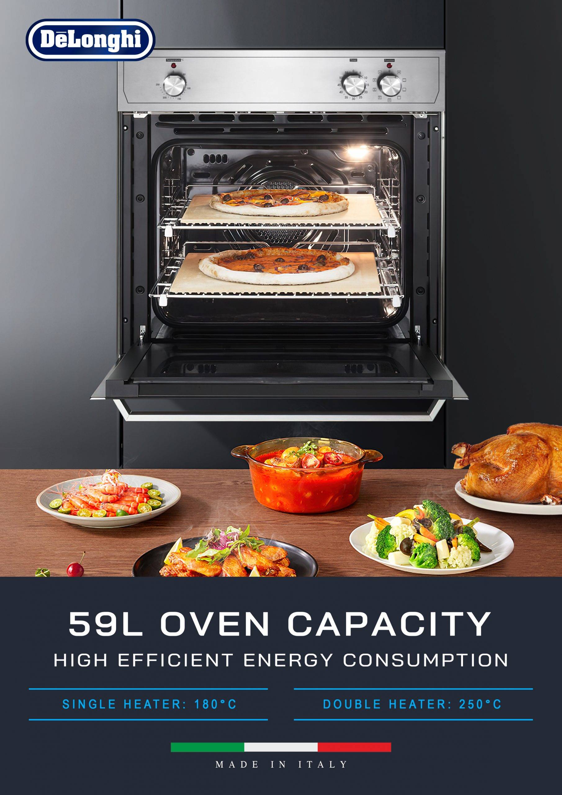 Delonghi DBO6377 Builtin Oven 59L 9 Functions Made in Italy