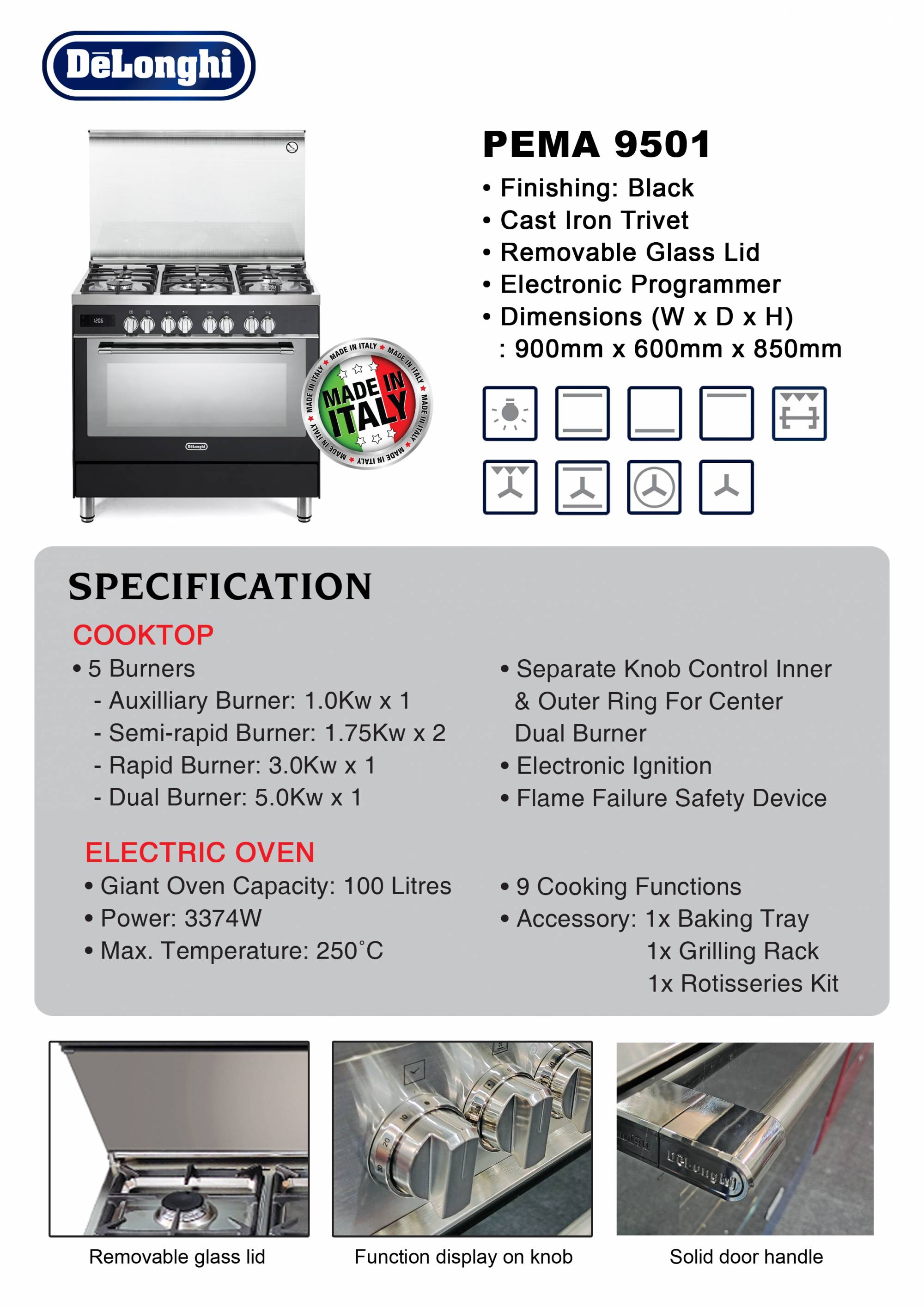 [Made in Italy] Delonghi PEMA9501 Professional Dual Fuel Range Cooker