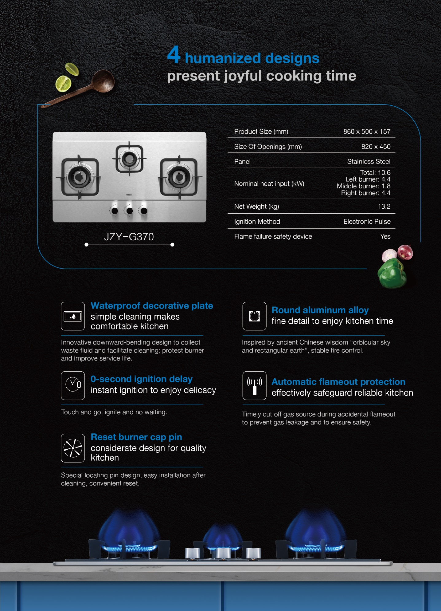 Robam G370 Extreme Heat 3 Burner Builtin Gas Hob (Stainless Steel)