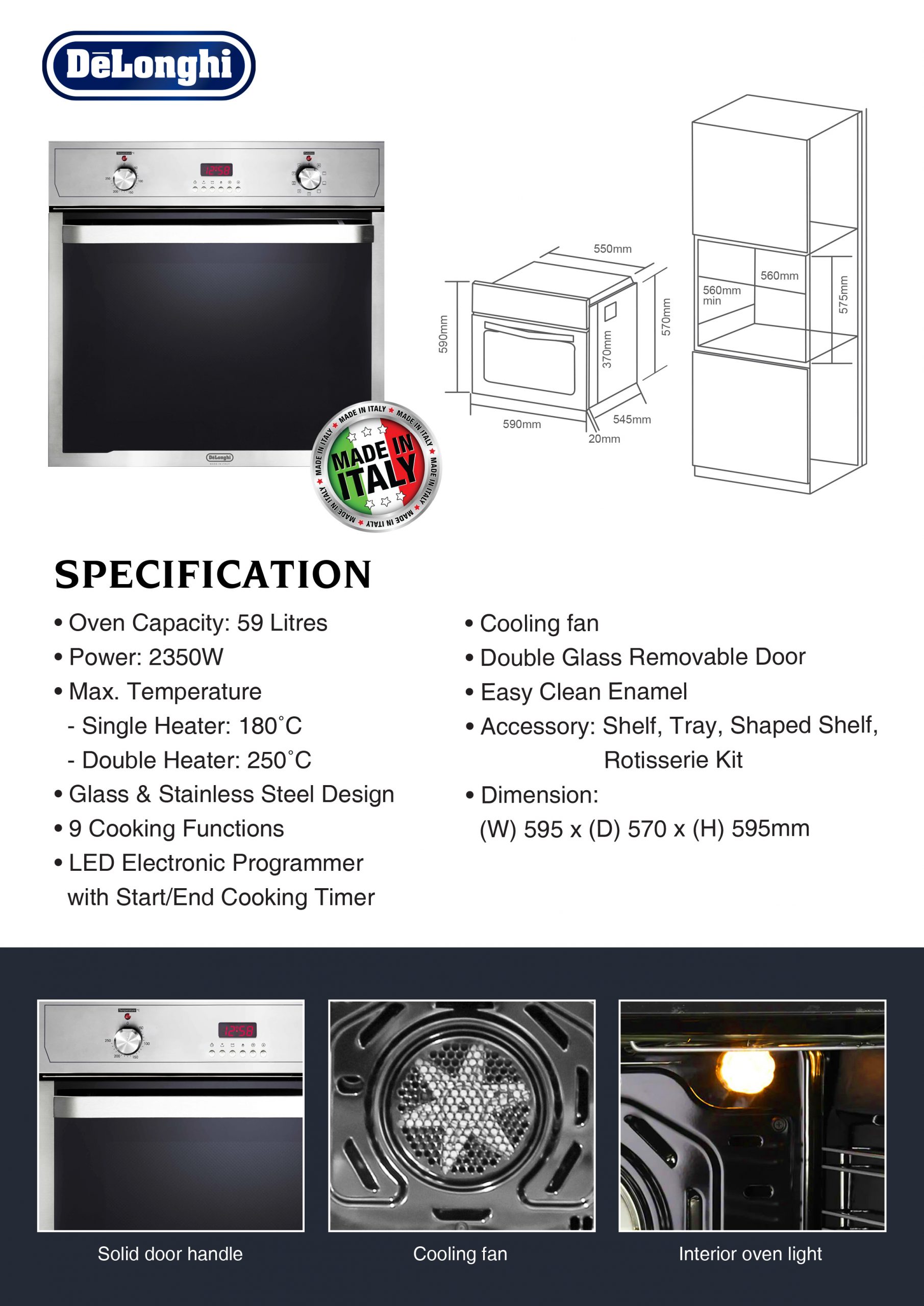 Delonghi DBO6300 Builtin Oven 59L 9 Functions Made in Italy